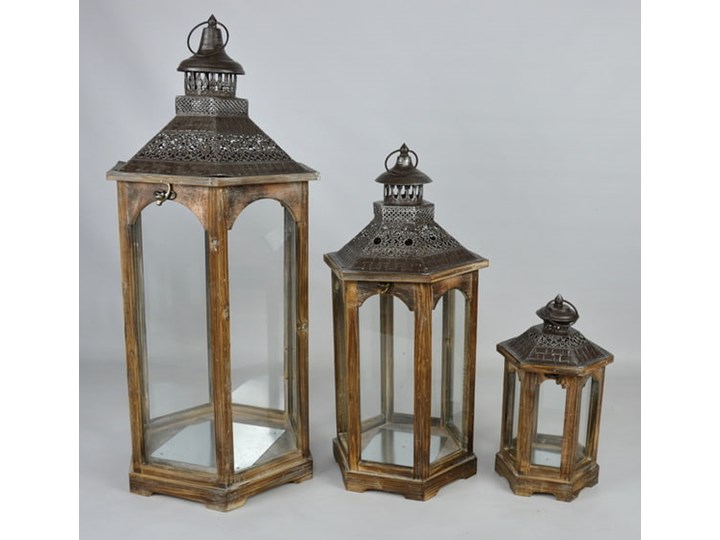 KOMPLET LATARNI DREWNIANYCH SHABBY BRĄZ 3SZT.