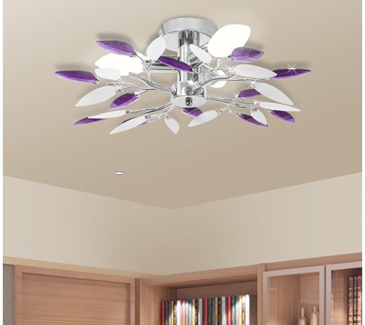 vidaXL Lampa sufitowa, plafon, białe i fioletowe listki 3 żarówki E14