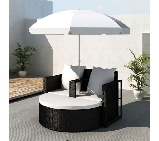 vidaXL Rattanowa sofa z parasolem (Czarna)