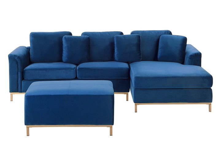 Sofa lewostronna welurowa z otomaną ciemnoniebieska OSLO