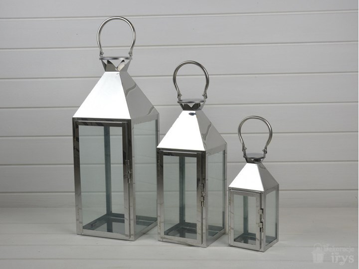 KOMPLET LATARNI METALOWYCH LAMPIONY CHROMOWANE 3SZT