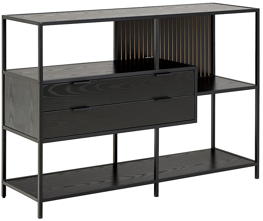 Regał Seaford 114 cm niski czarny z dwiema szufladami 