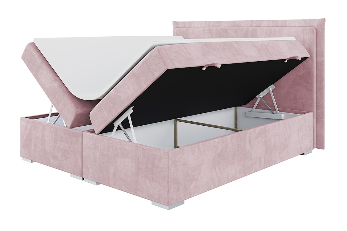 Łóżko kontynentalne 180x200 cm Nurdicer z pojemnikami i topperem różowe welur hydrofobowy