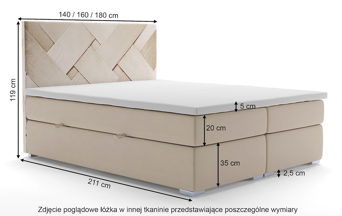 Łóżko kontynentalne 140x200 cm Lestrangie z pojemnikami i topperem beżowe welur hydrofobowy  - zdjęcie 4