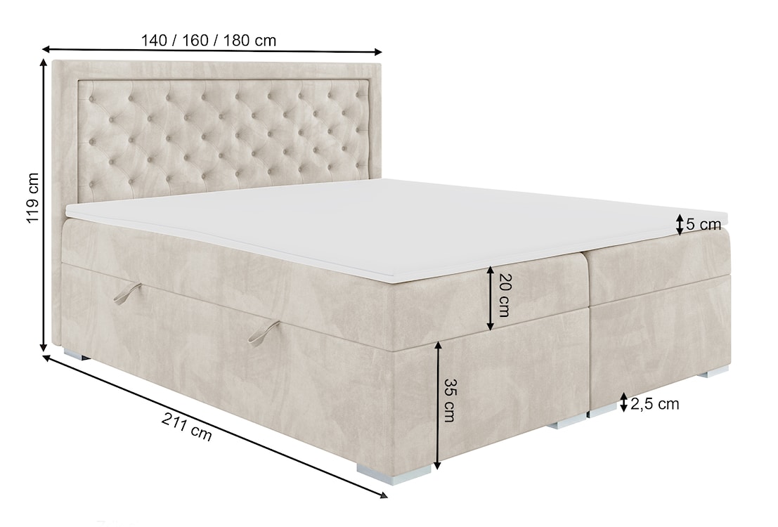 Łóżko kontynentalne 180x200 cm Glorn z pojemnikami i topperem beżowe welur hydrofobowy  - zdjęcie 10