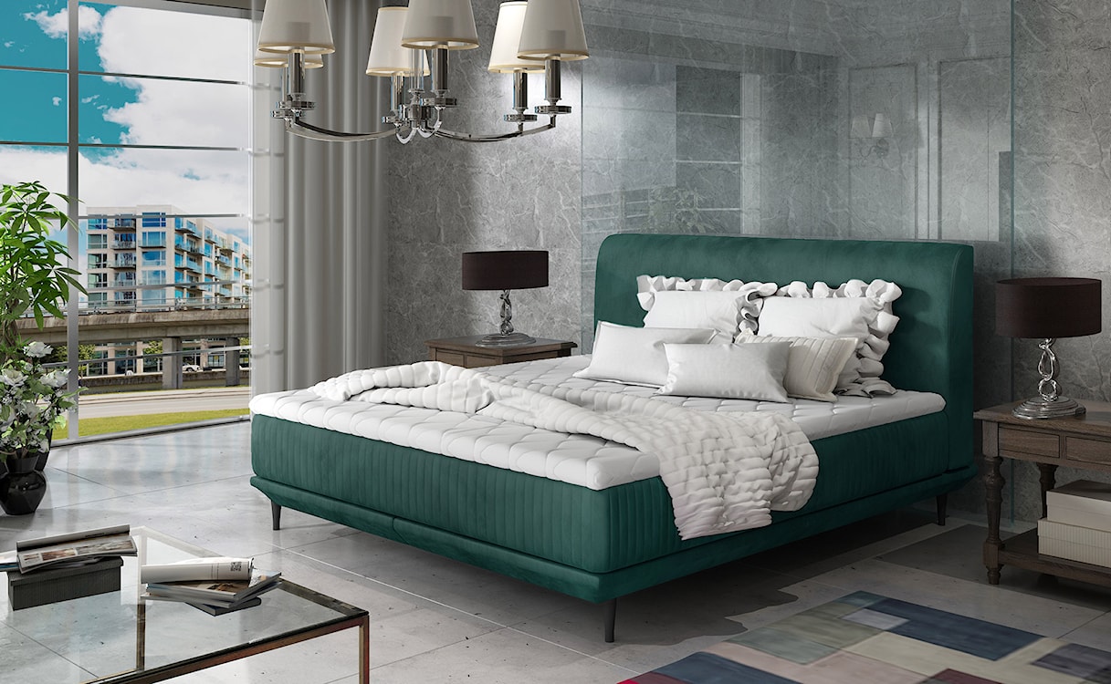 Łóżko tapicerowane Odelle 180x200 cm z materacem bonellowym i topperem zielone welur hydrofobowy  - zdjęcie 2