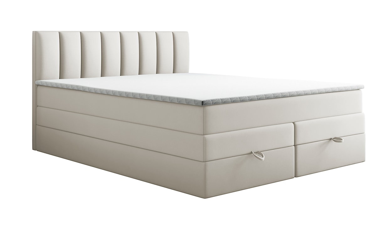 Łóżko kontynentalne 140x200 cm Resoluto z pojemnikami materacami bonellowymi i kieszeniowym kremowe welur hydrofobowy
