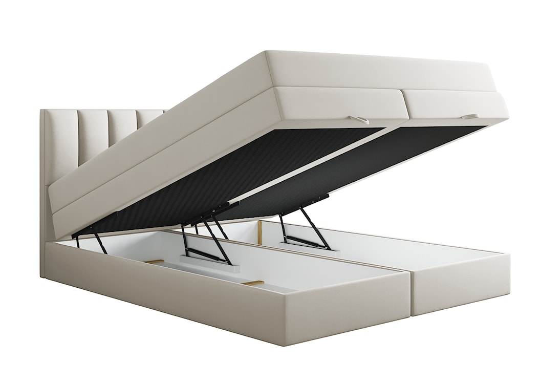 Łóżko kontynentalne 160x200 cm Resoluto z pojemnikami materacami bonellowymi i kieszeniowym kremowe welur hydrofobowy  - zdjęcie 5