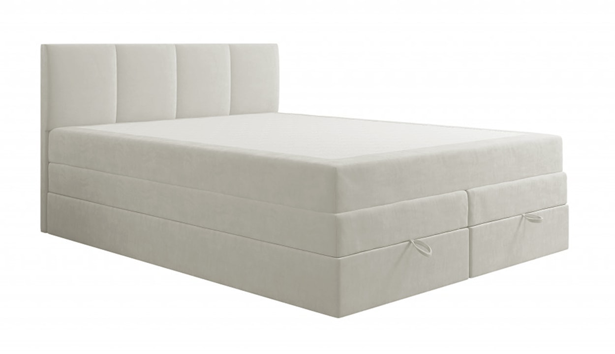 Łóżko kontynentalne 200x200 cm Feliceto z pojemnikami materacami bonellowymi i kieszeniowym kremowe welur hydrofobowy