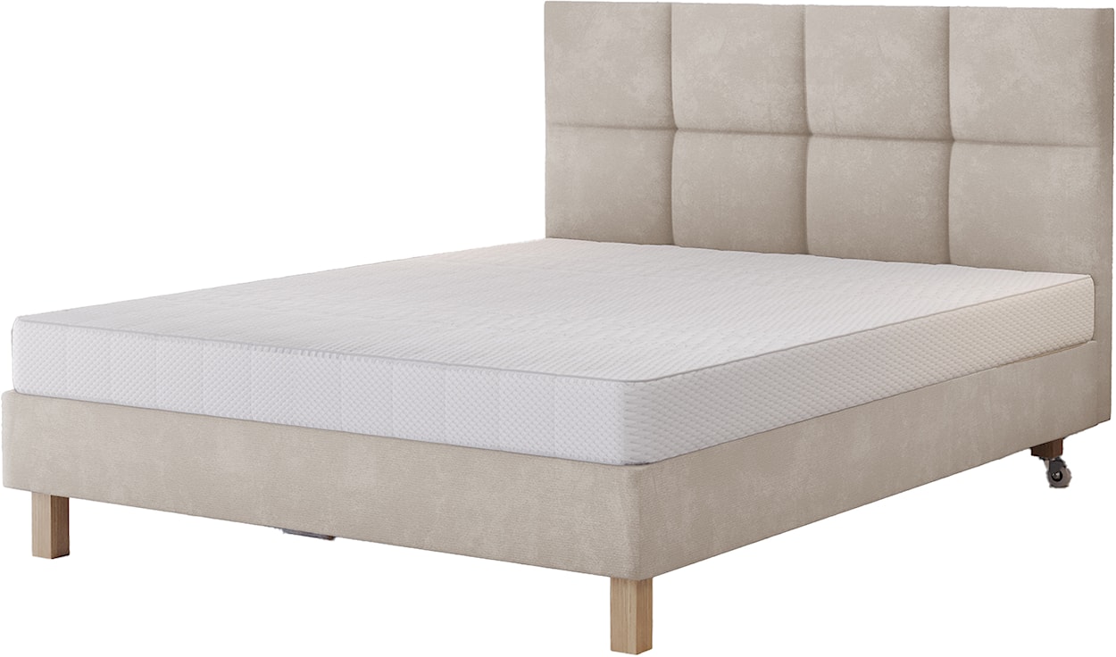 Łóżko tapicerowane 140x200 cm  Donbay z wezglowiem panelowym i materacem kieszeniowym kremowe welur hydrofobowy