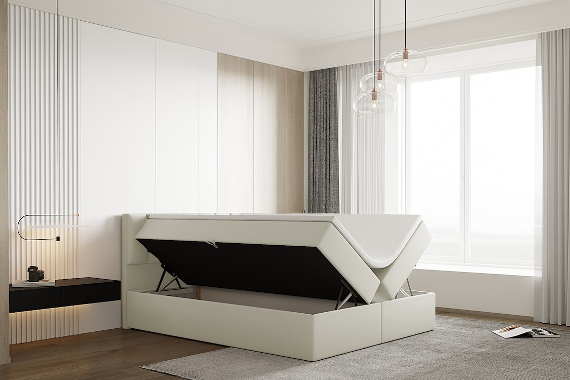 Łóżko kontynentalne 200x200 cm Carbini z pojemnikami  i materacem kieszeniowym kremowe welur hydrofobowy  - zdjęcie 4