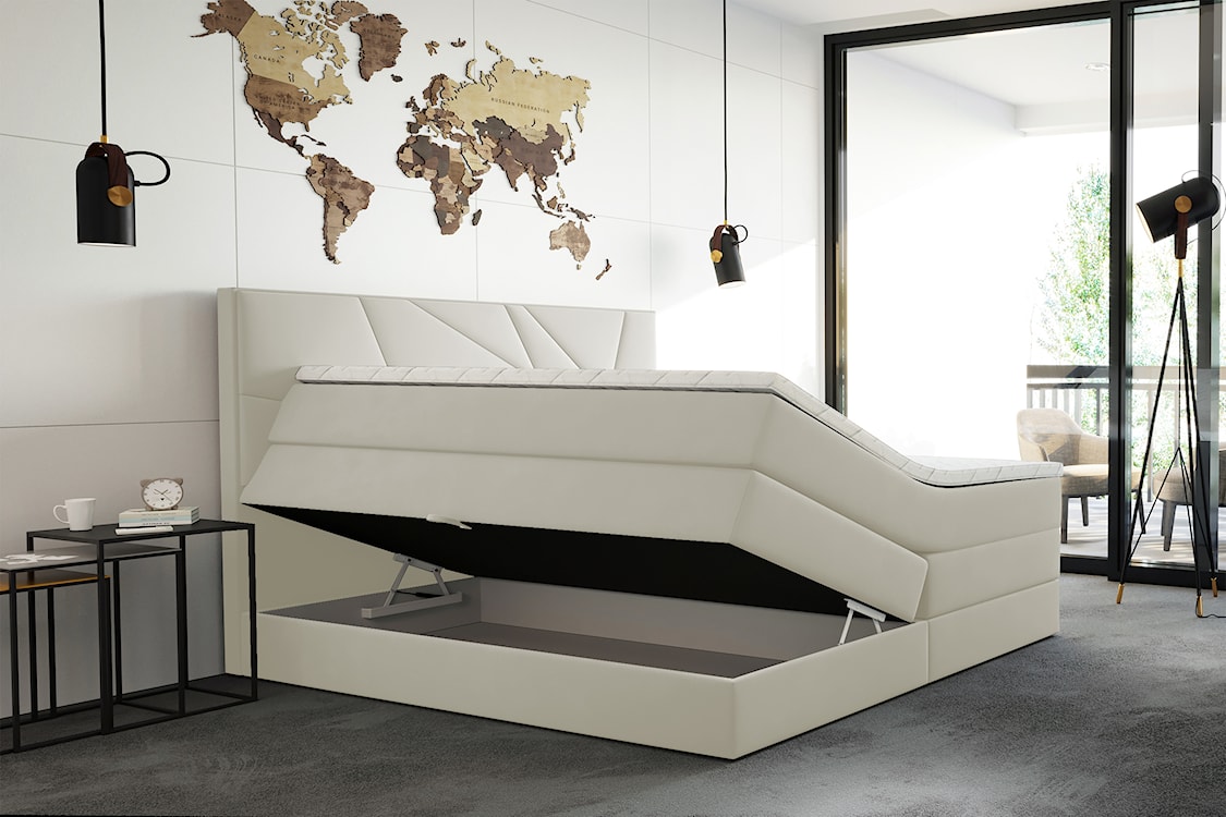 Łóżko kontynentalne 160x200 cm Vendes z pojemnikami materacami bonnellowymi i kieszeniowym kremowe welur hydrofobowy  - zdjęcie 3