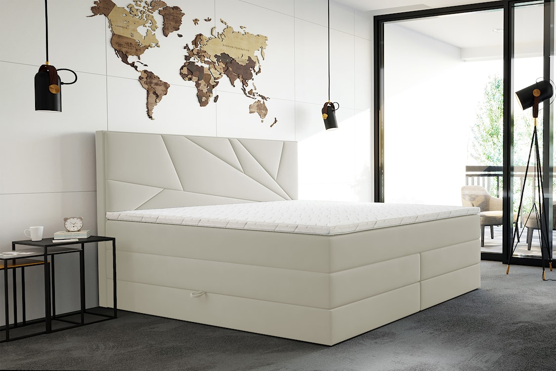 Łóżko kontynentalne 140x200 cm Vendes z pojemnikami materacami bonnellowymi i kieszeniowym kremowe welur hydrofobowy  - zdjęcie 2