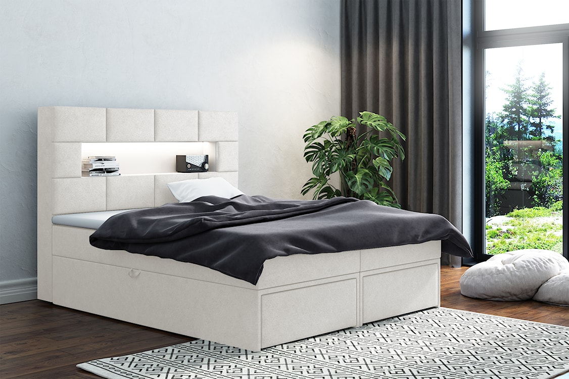 Łóżko kontynentalne 160x200 cm Celaeno z pojemnikami, tapperem i materacem kieszeniowym kremowe  - zdjęcie 2