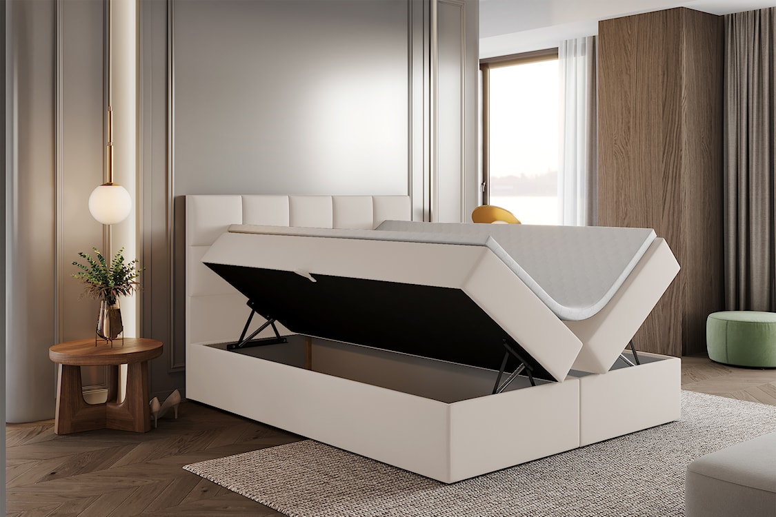 Łóżko kontynentalne  180x200 cm Capelio z pojemnikami i materacami bonellowymi kremowe welur hydrofobowy  - zdjęcie 4
