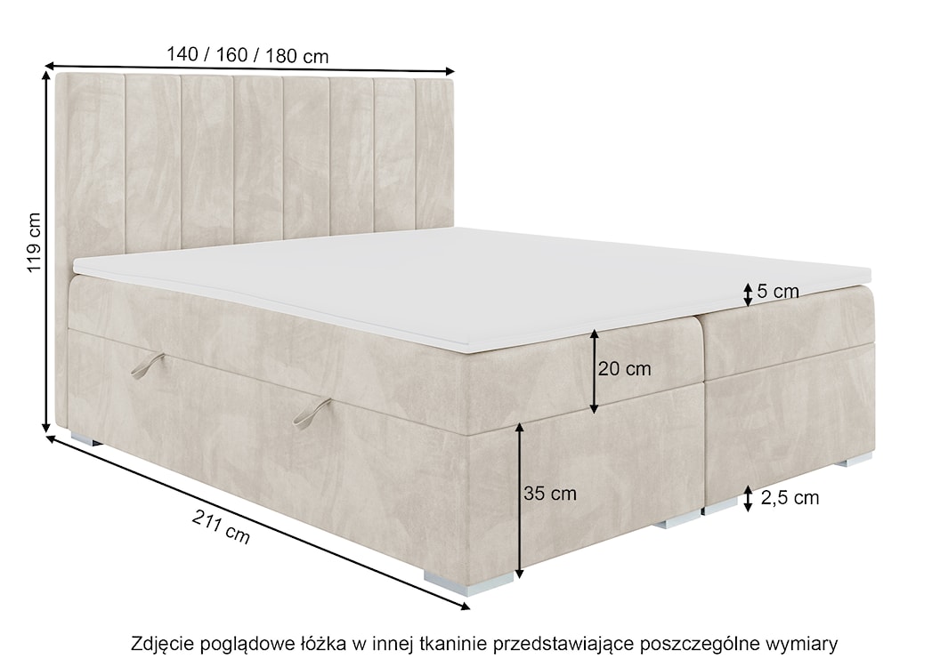 Łóżko kontynentalne 160x200 cm Alenna z pojemnikami i topperem ciemnoszare welur hydrofobowy  - zdjęcie 4