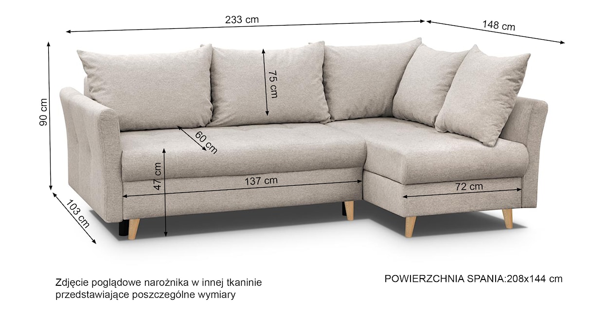 Narożnik z funkcją spania Lafre z pojemnikiem beżowy prawostronny w tkaninie hydrofobowej plecionka nogi buk  - zdjęcie 7