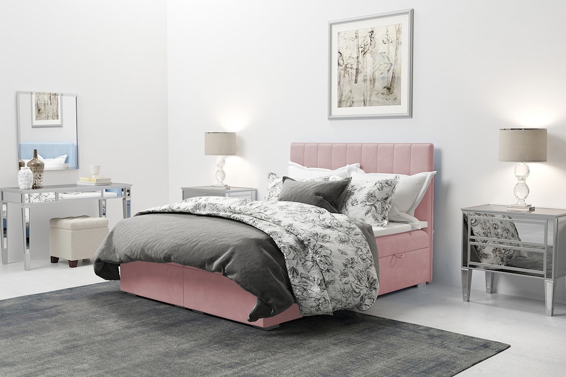Łóżko kontynentalne 160x200 cm Hunbert z pojemnikami i topperem różowe welur hydrofobowy  - zdjęcie 2