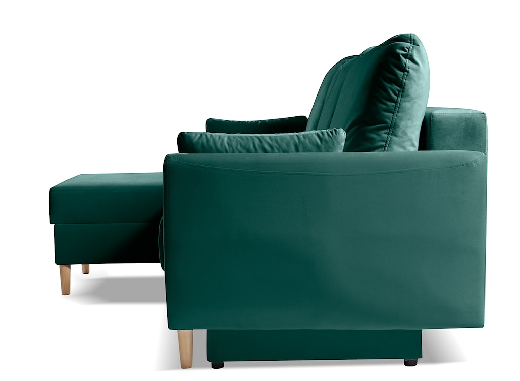 Narożnik z funkcją spania Paradela L-kształtny z pojemnikiem uniwersalny na nóżkach bukowych zielony welur hydrofobowy  - zdjęcie 7