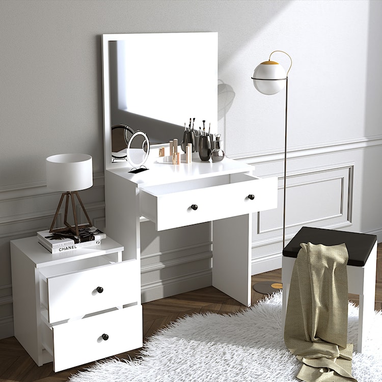 Toaletka z lustrem i siedziskiem Barracols oraz szafką nocną biała  - zdjęcie 3