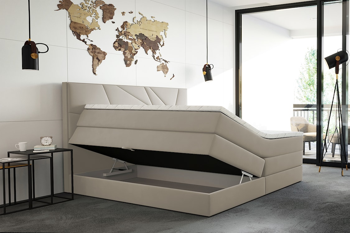 Łóżko kontynentalne 180x200 cm Vendes z pojemnikami materacami bonnellowymi i kieszeniowym jasnobeżowe welur hydrofobowy  - zdjęcie 3