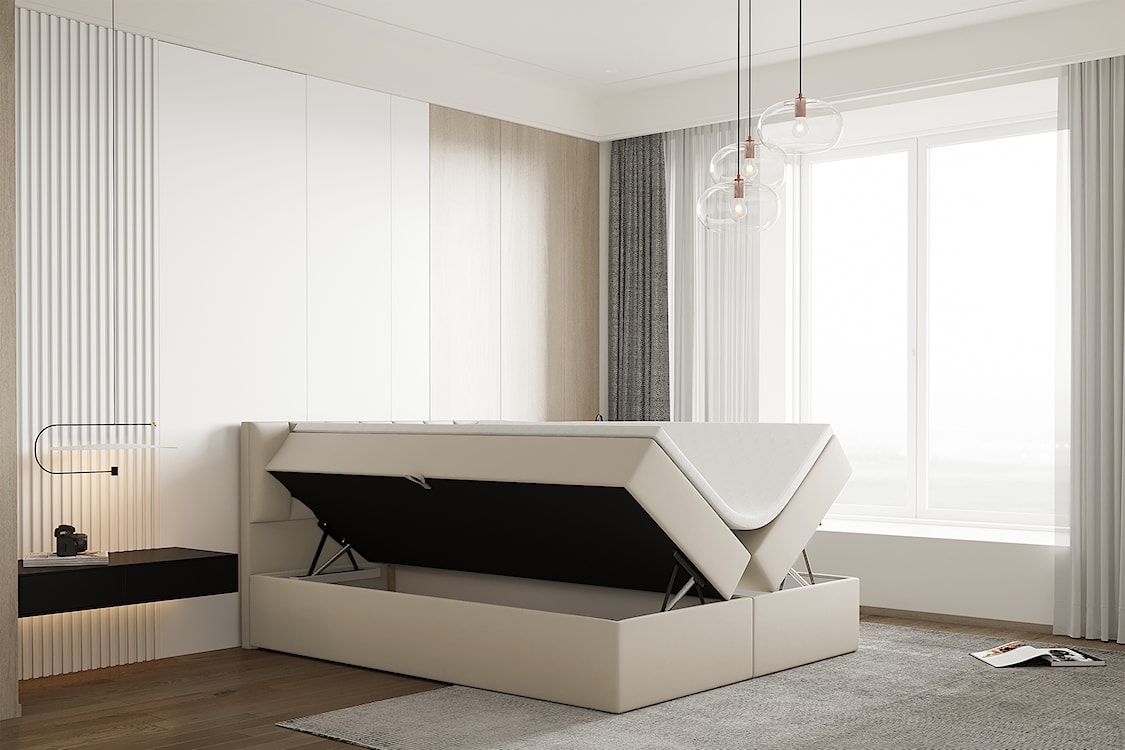 Łóżko kontynentalne 140x200 cm Carbini z pojemnikami  i materacem bonellowym jasnobeżowe welur hydrofobowy  - zdjęcie 4