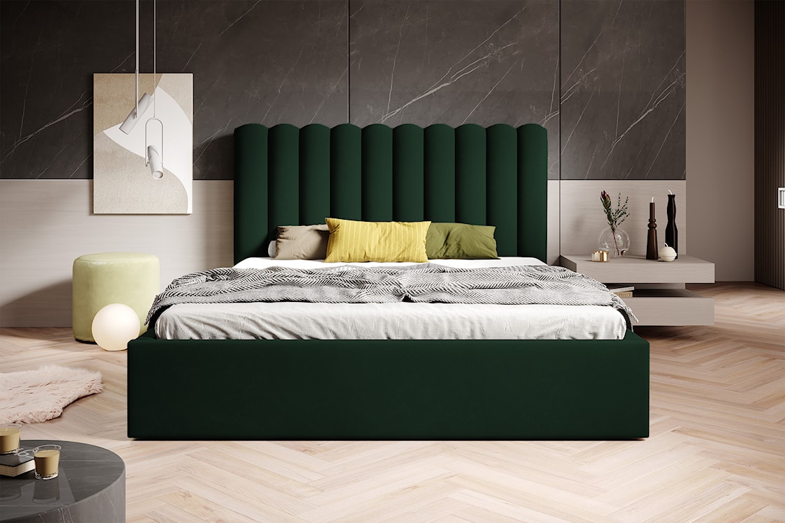 Łóżko tapicerowane 160x200 cm Motoba z pojemnikiem i drewnianym stelażem z podnośnikiem sprężynowym zielone welur  - zdjęcie 2