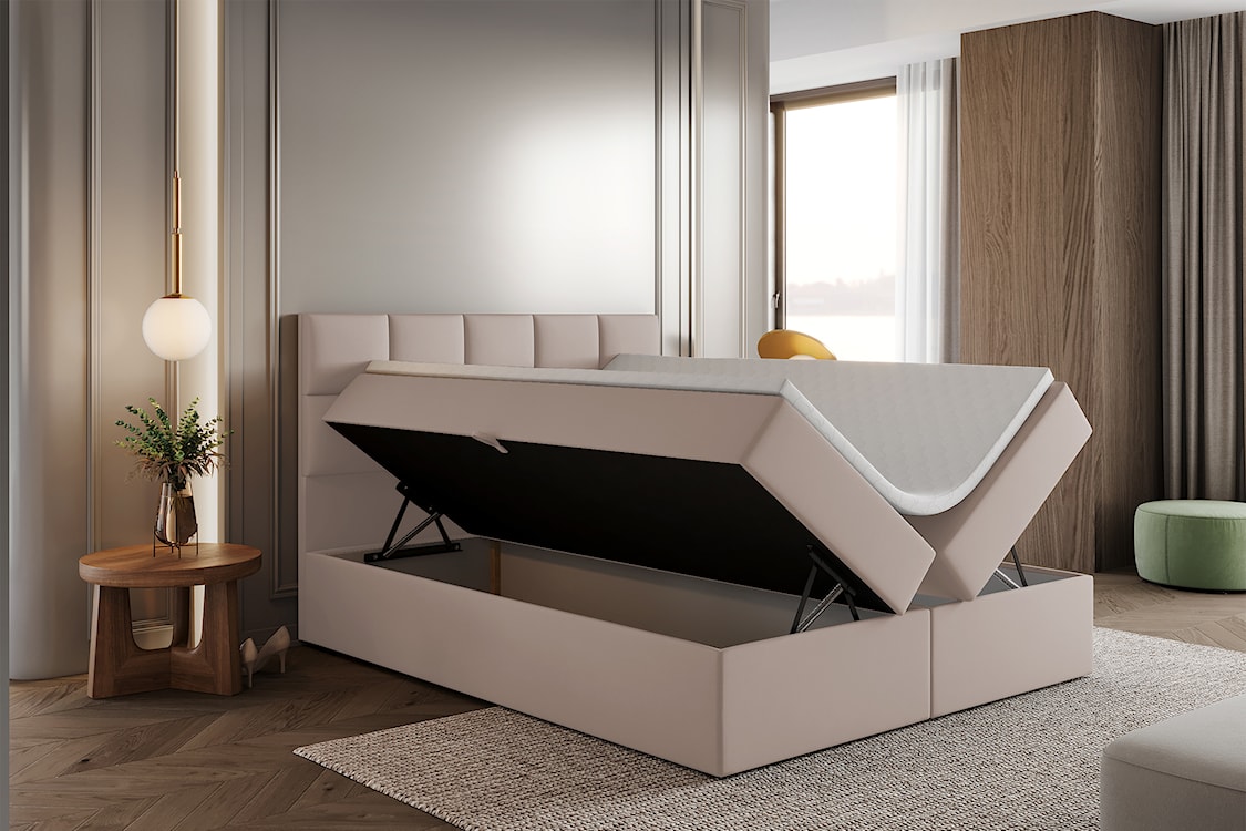 Łóżko kontynentalne  160x200 cm Capelio z pojemnikami i materacami bonellowymi jasnobeżowe welur hydrofobowy  - zdjęcie 4
