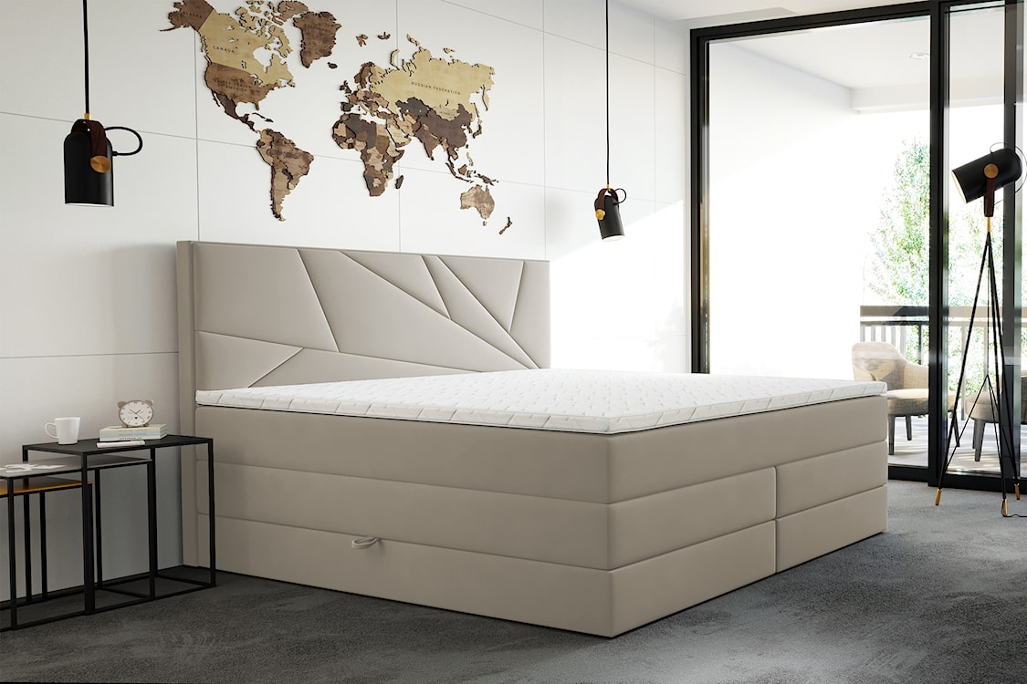 Łóżko kontynentalne 160x200 cm Vendes z pojemnikami materacami bonnellowymi i kieszeniowym jasnobeżowe welur hydrofobowy  - zdjęcie 2