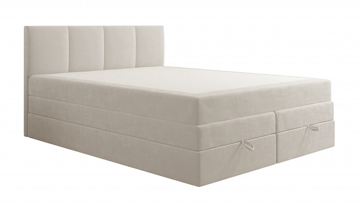 Łóżko kontynentalne 180x200 cm Feliceto z pojemnikami materacami bonellowymi i kieszeniowym jasnobeżowe welur hydrofobowy 