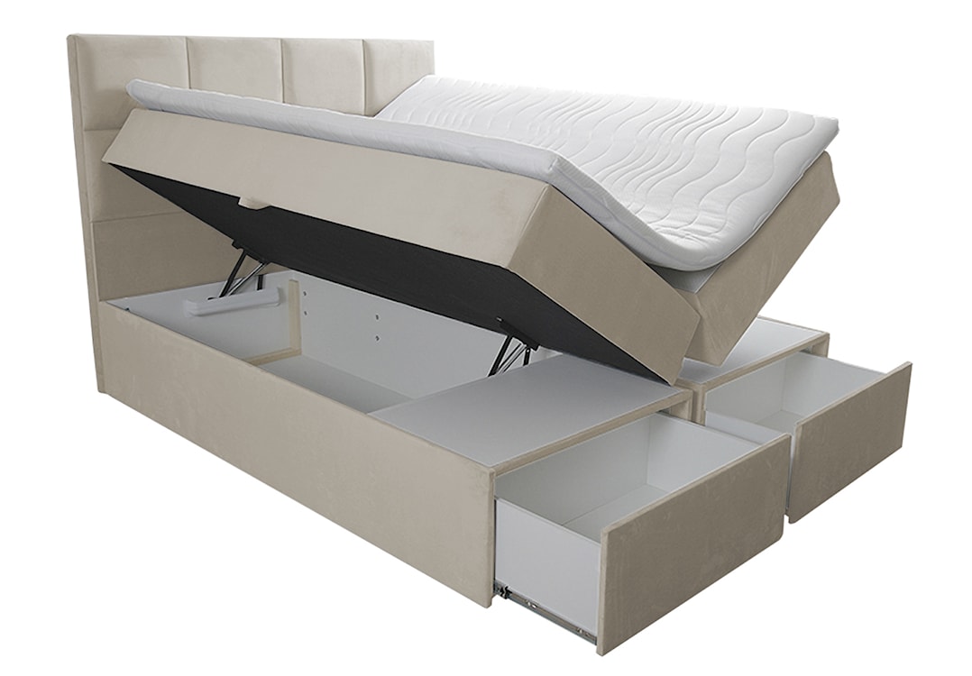 Łóżko kontynentalne 180x200 cm Tokio z pojemnikami i szufladami jasnobeżowe welur hydrofobowy  - zdjęcie 3