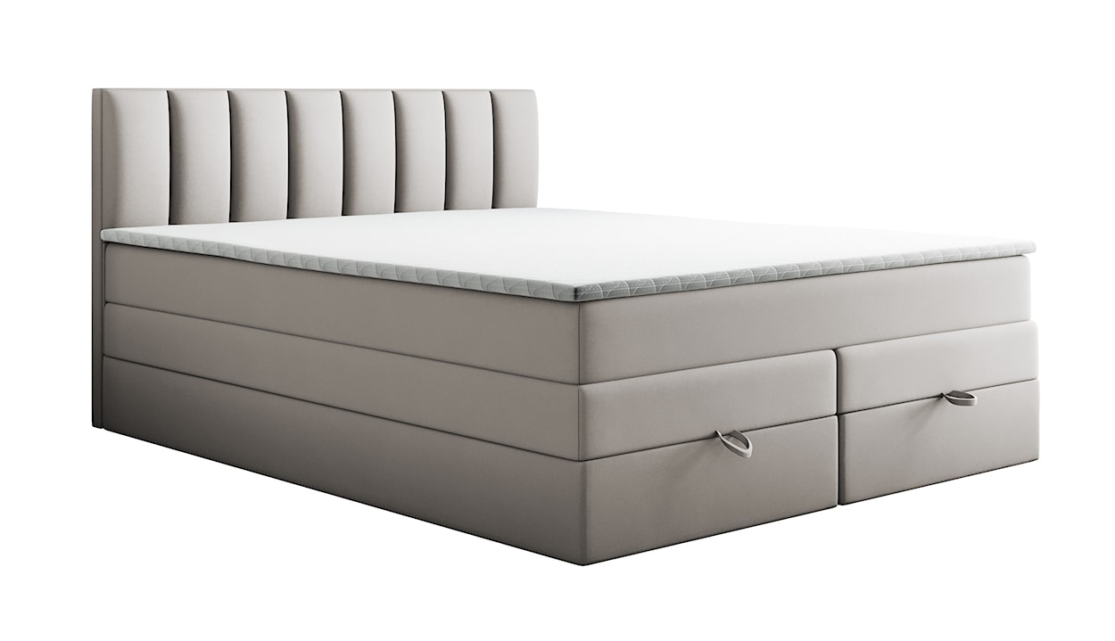 Łóżko kontynentalne 140x200 cm Resoluto z pojemnikami materacami bonellowymi i kieszeniowym jasnobeżowe welur hydrofobowy