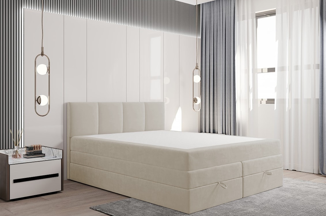 Łóżko kontynentalne 180x200 cm Feliceto z pojemnikami materacami bonellowymi i kieszeniowym jasnobeżowe welur hydrofobowy  - zdjęcie 2