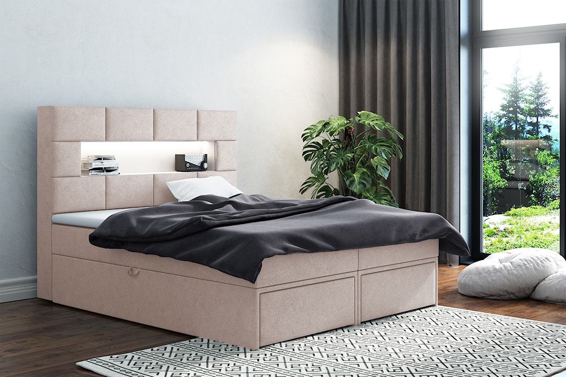 Łóżko kontynentalne 140x200 cm Celaeno z pojemnikami, tapperem i materacem kieszeniowym jasnobeżowe  - zdjęcie 2