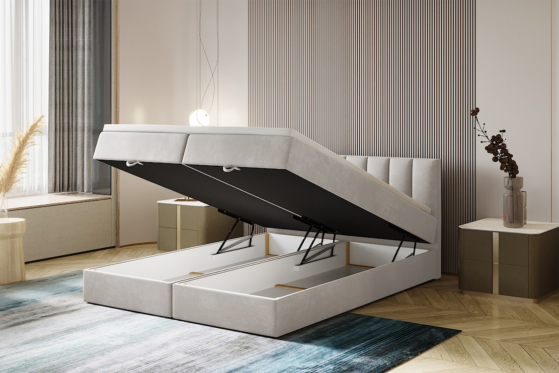 Łóżko kontynentalne 180x200 cm Dorsetto z pojemnikami i materacem bonellowym jasnobeżowe welur hydrofobowy  - zdjęcie 4