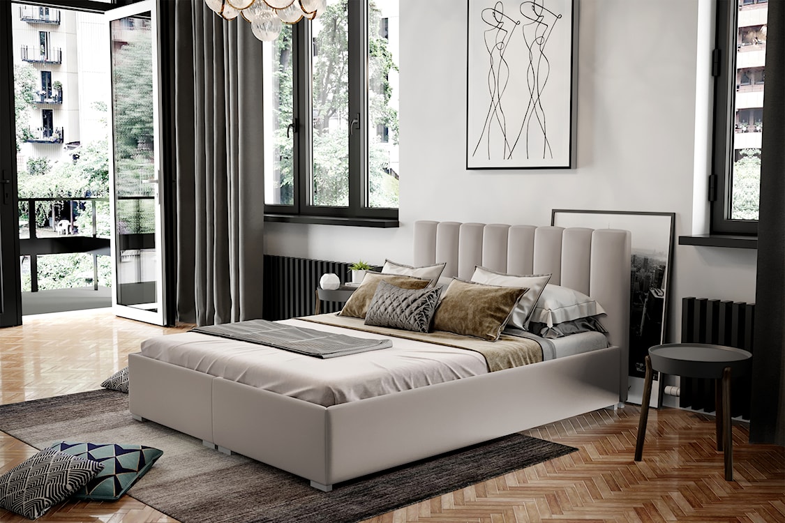 Łóżko tapicerowane 160x200 cm Romkino z pojemnikami jasnobeżowe welur hydrofobowy  - zdjęcie 2