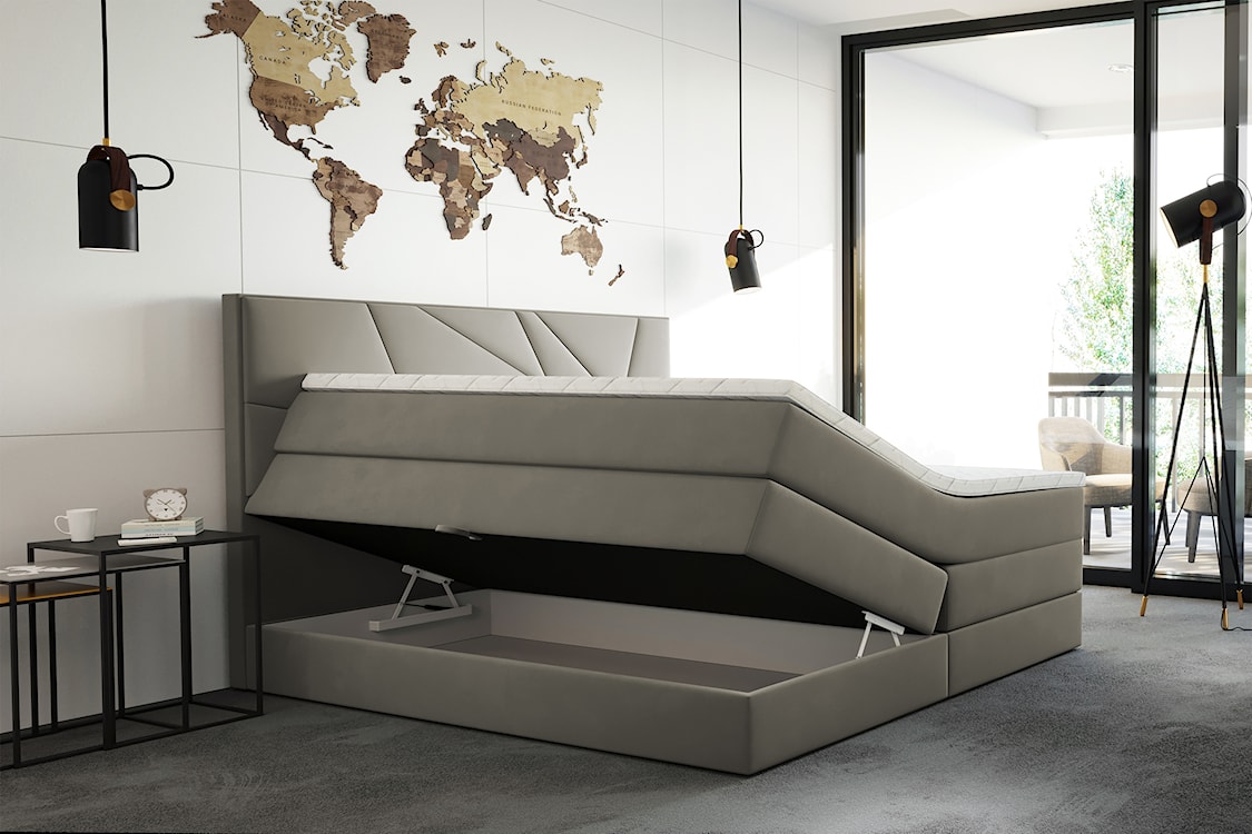 Łóżko kontynentalne 160x200 cm Vendes z pojemnikami materacami bonnellowymi i kieszeniowym szarobeżowe welur hydrofobowy  - zdjęcie 3