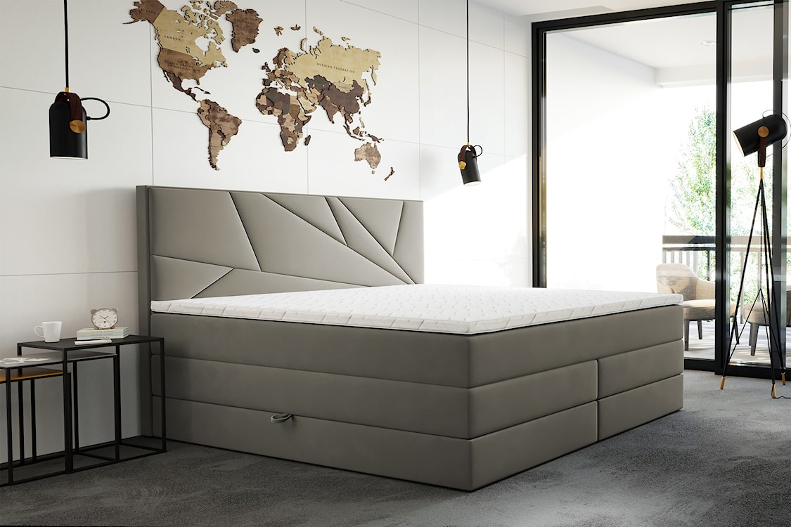 Łóżko kontynentalne 140x200 cm Vendes z pojemnikami materacami bonnellowymi i kieszeniowym szarobeżowe welur hydrofobowy  - zdjęcie 2