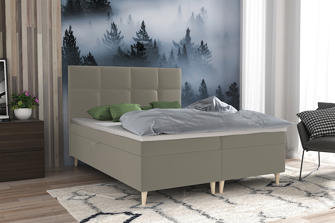 Łóżko kontynentalne 180x200 cm Sclarea z pojemnikami i materacem bonellowym szarobeżowe welur hydrofobowy  - zdjęcie 2