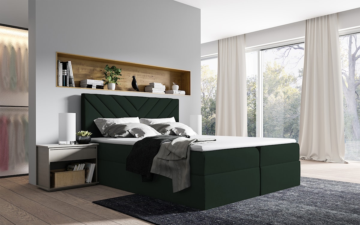 Łóżko kontynentalne Ponferrada 140x200 z dwoma pojemnikami, materacem i topperem ciemnozielone  - zdjęcie 2