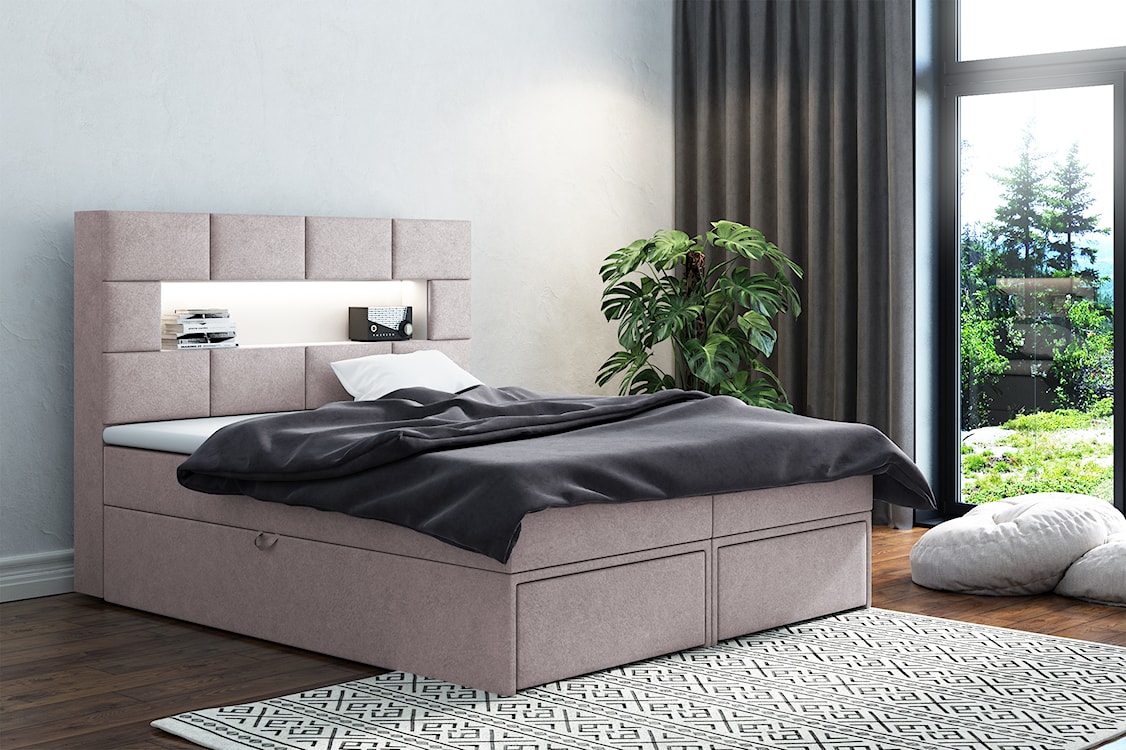 Łóżko kontynentalne 160x200 cm Celaeno z pojemnikami, tapperem i materacem kieszeniowym szarobeżowe  - zdjęcie 2