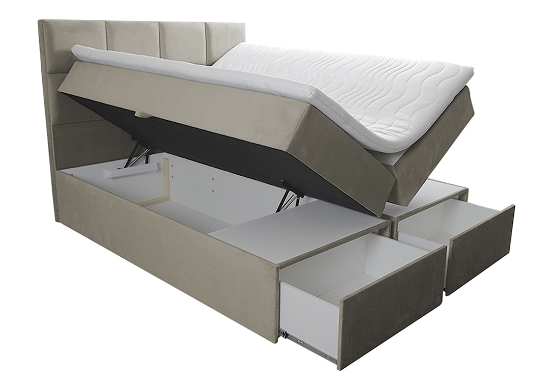 Łóżko kontynentalne 140x200 cm Tokio z pojemnikami i szufladami szarobeżowe welur hydrofobowy  - zdjęcie 3