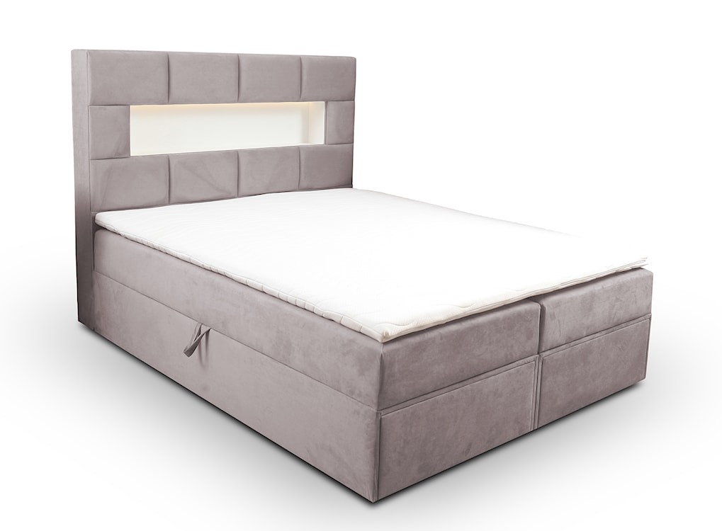 Łóżko kontynentalne 140x200 cm Celaeno z pojemnikami, tapperem i materacem kieszeniowym szarobeżowe 