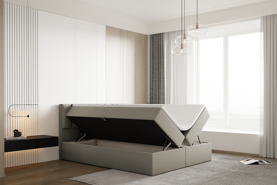 Łóżko kontynentalne 200x200 cm Carbini z pojemnikami  i materacem kieszeniowym szarobeżowe welur hydrofobowy  - zdjęcie 4
