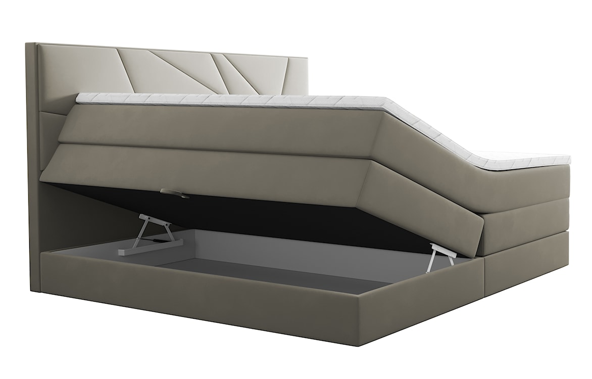 Łóżko kontynentalne 140x200 cm Vendes z pojemnikami materacami bonnellowymi i kieszeniowym szarobeżowe welur hydrofobowy 