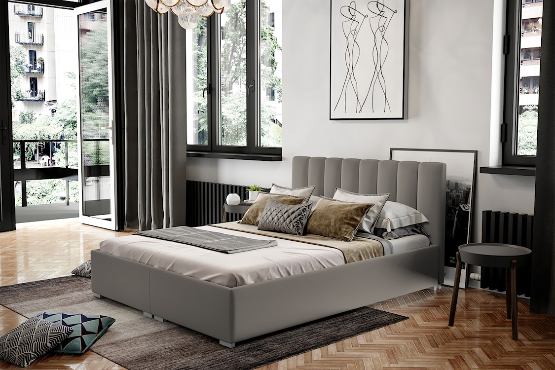Łóżko tapicerowane 160x200 cm Romkino z pojemnikami szarobeżowe welur hydrofobowy  - zdjęcie 2
