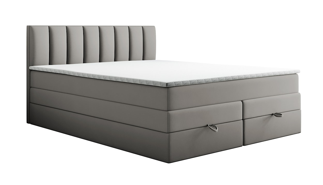 Łóżko kontynentalne 140x200 cm Resoluto z pojemnikami materacami bonellowymi i kieszeniowym szarobeżowe welur hydrofobowy 