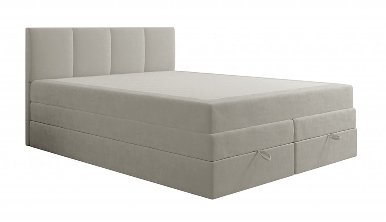 Łóżko kontynentalne 160x200 cm Feliceto z pojemnikami materacami bonellowymi i kieszeniowym szarobeżowe welur hydrofobowy