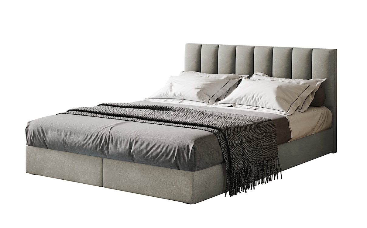 Łóżko kontynentalne 180x200 cm Dorsetto z pojemnikami i materacem bonellowym szarobeżowe welur hydrofobowy