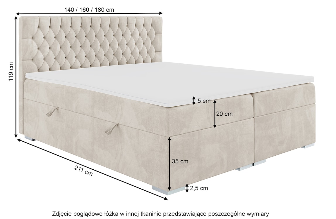 Łóżko kontynentalne 160x200 cm Persival z pojemnikami i topperem szarobeżowe welur  - zdjęcie 5